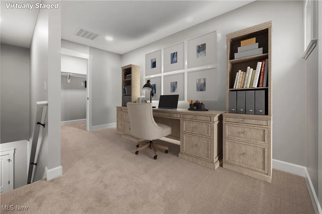 Home office with light carpet and recessed​​‌​​​​‌​​‌‌​‌‌​​​‌‌​‌​‌​‌​​​‌​​ lighting