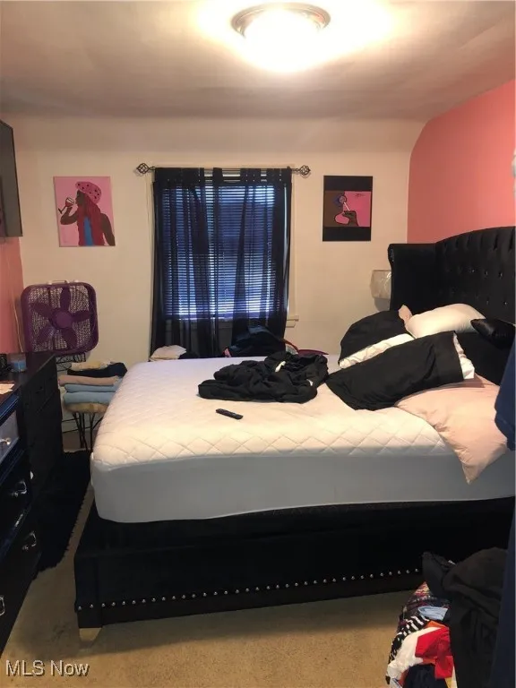 Carpeted bedroom with vaulted ceiling