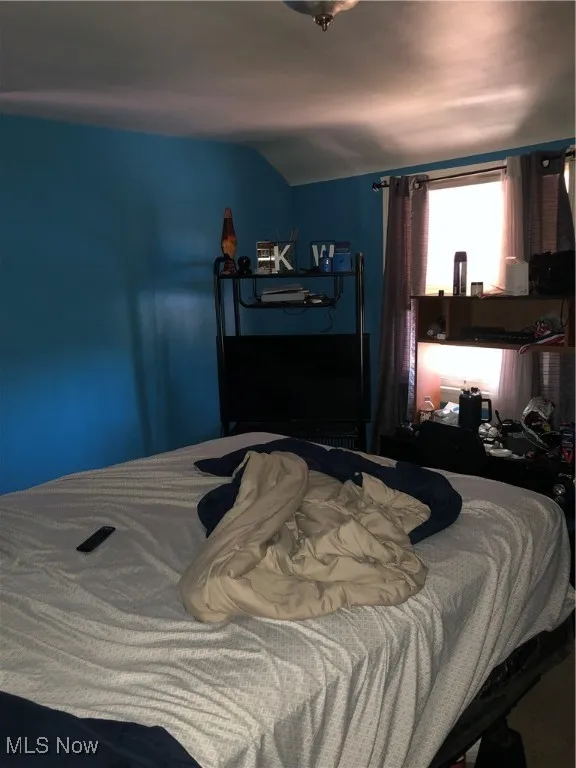 Carpeted bedroom with lofted ceiling