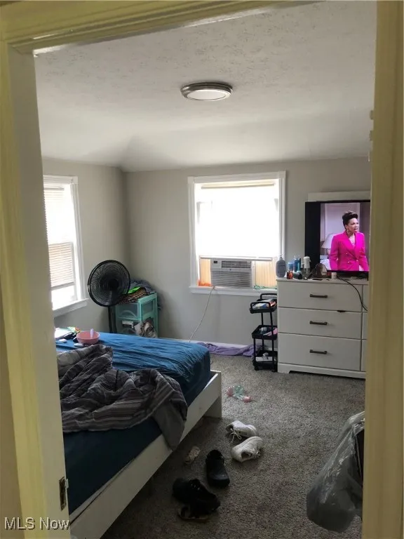 Bedroom featuring carpet floors, cooling unit, and a textured ceiling