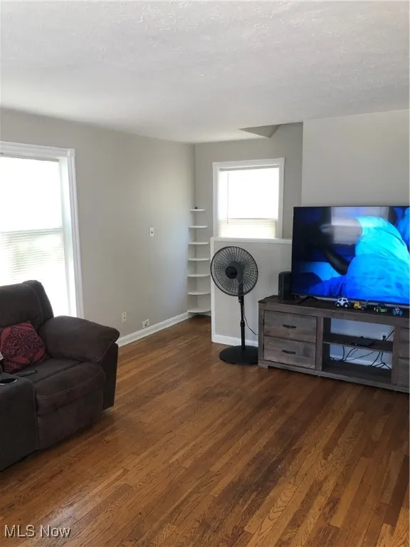 Living room with dark wood-type flooring and a textured ceiling