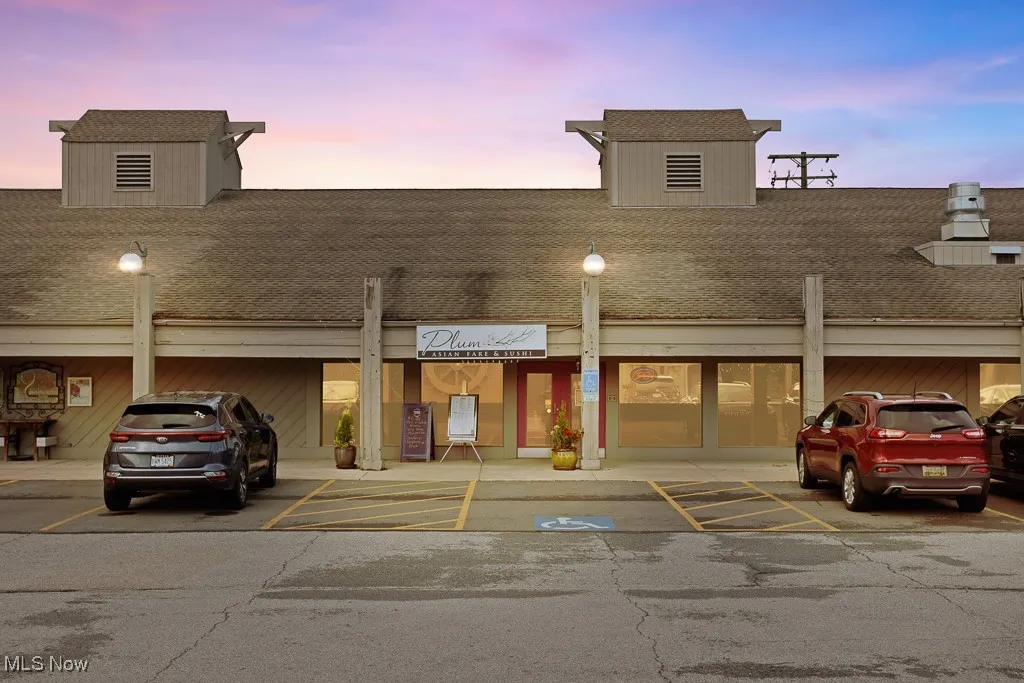 View of outdoor building at dusk