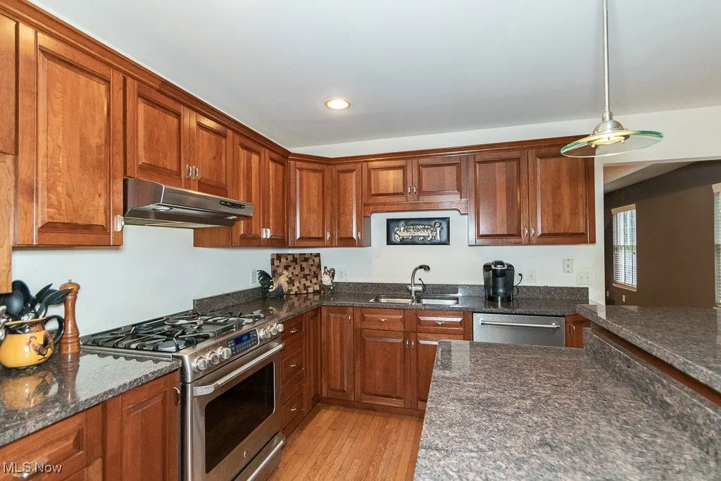 Kitchen with dark stone counters, sink, appliances with stainless steel finishes, and light hardwood / wood-style flooring