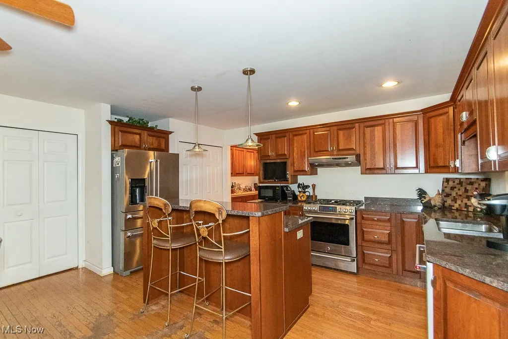 Kitchen featuring light wood-type flooring, high end appliances, pendant lighting, dark stone countertops, and a center island