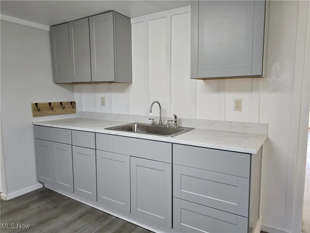 Kitchen with crown molding, sink, dark wood-type flooring, and gray cabinets