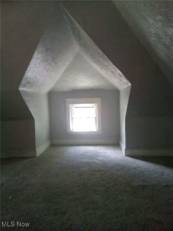 Additional living space featuring lofted ceiling, carpet flooring, and a textured ceiling