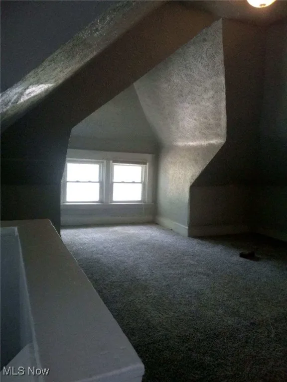 Bonus room with a textured ceiling, carpet flooring, and vaulted ceiling