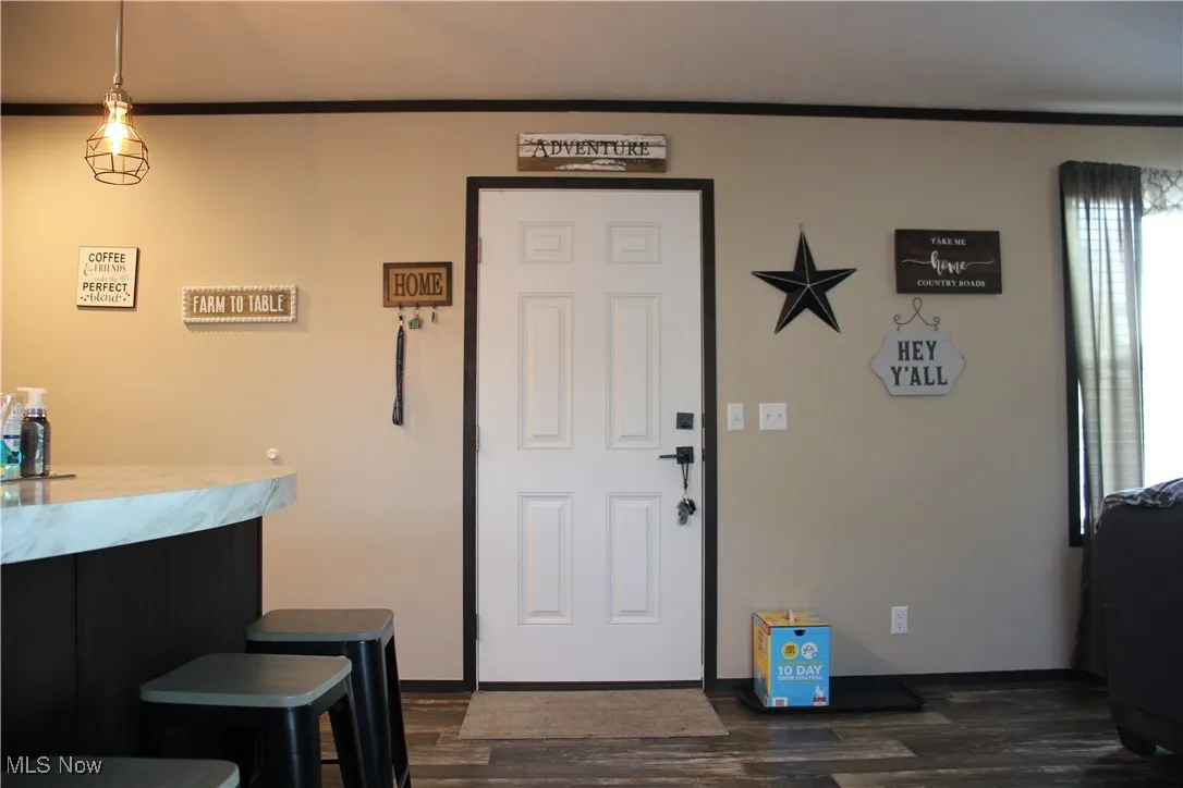 Foyer featuring dark hardwood / wood-style flooring and crown molding