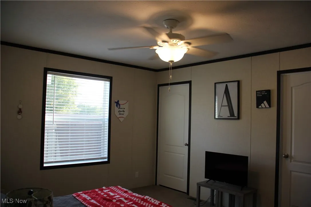 Carpeted bedroom featuring ceiling fan and ornamental molding