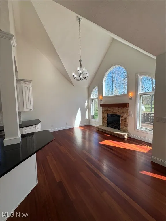 Unfurnished living room with baseboards, dark wood finished floors, a stone fireplace, and a healthy amount of sunlight