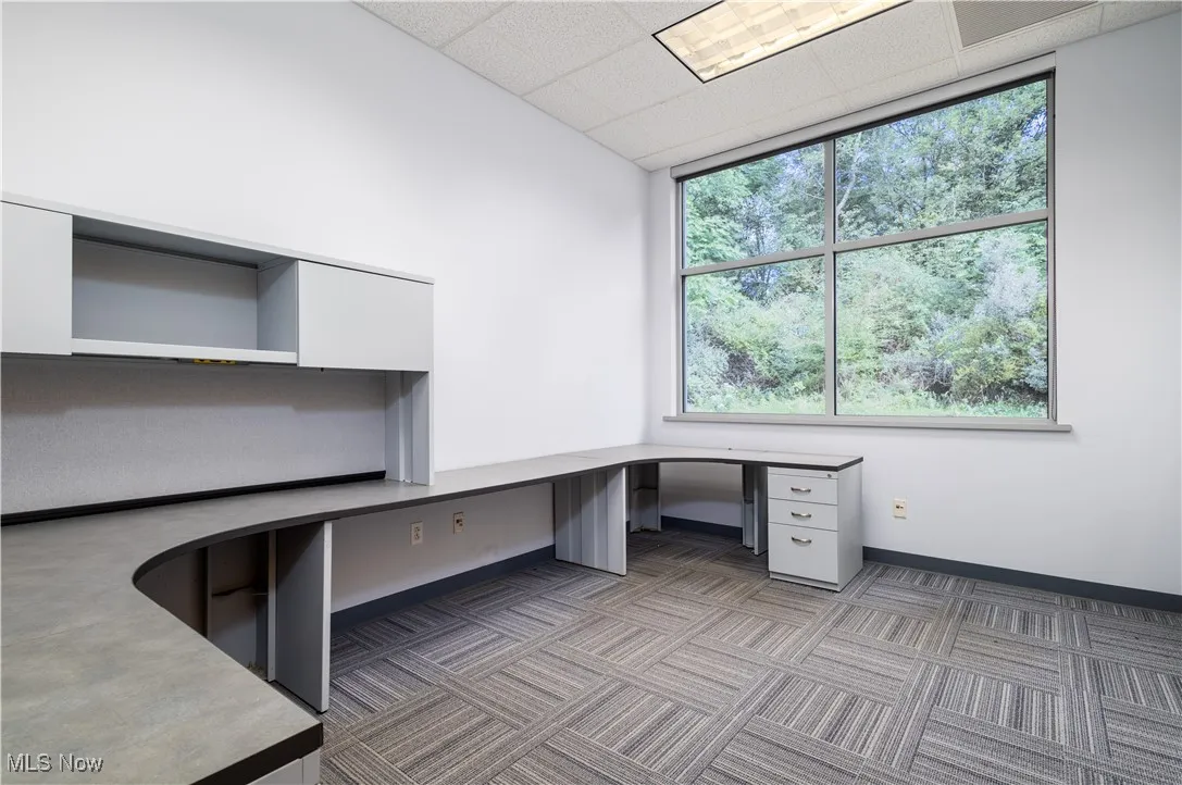 Unfurnished office with a drop ceiling, built in desk, and carpet flooring