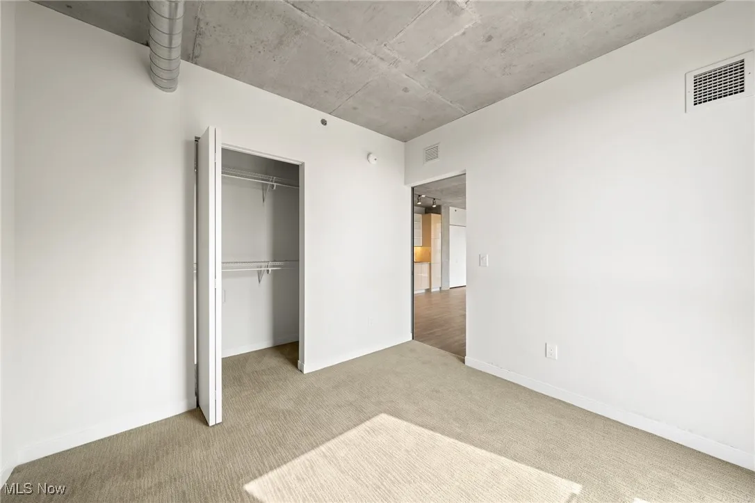 Unfurnished bedroom featuring light colored carpet and a closet
