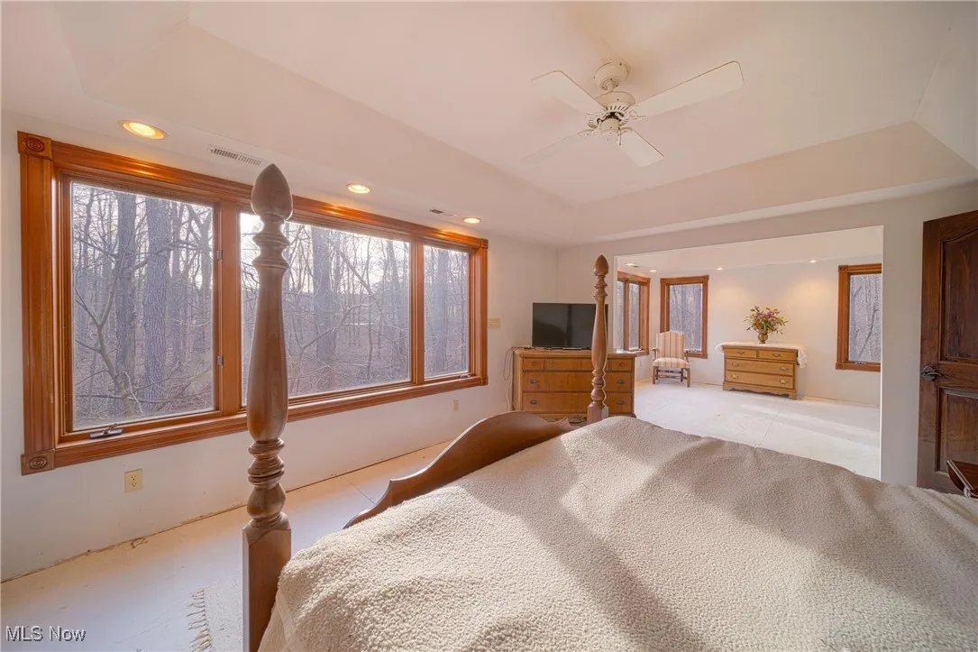 Bedroom with a raised ceiling and ceiling fan
