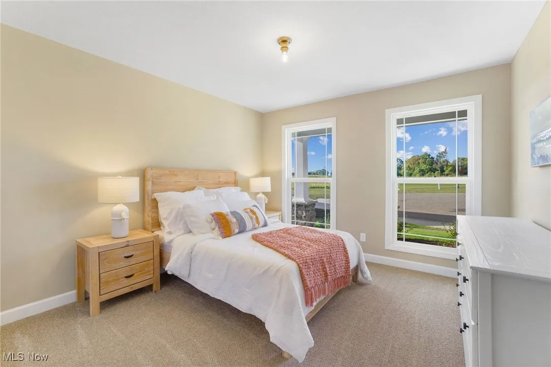 Bedroom featuring light carpet