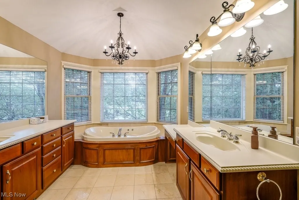 Bathroom featuring a notable chandelier, a washtub, and a wealth of natural light