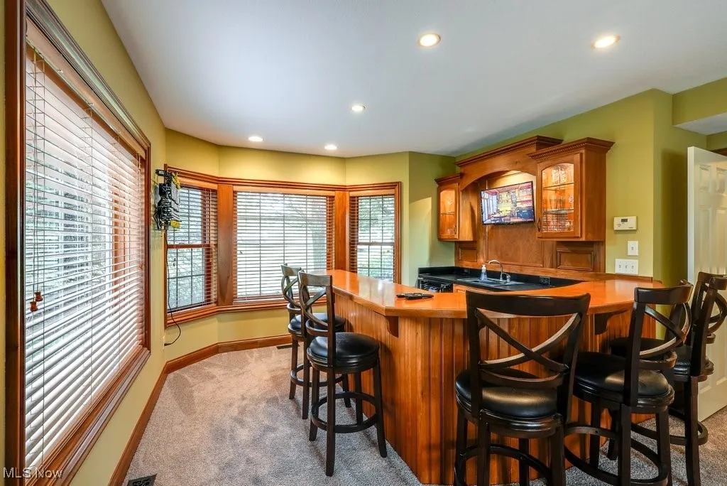 Bar featuring sink and light carpet