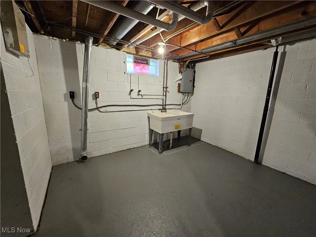 Basement featuring electric panel and sink