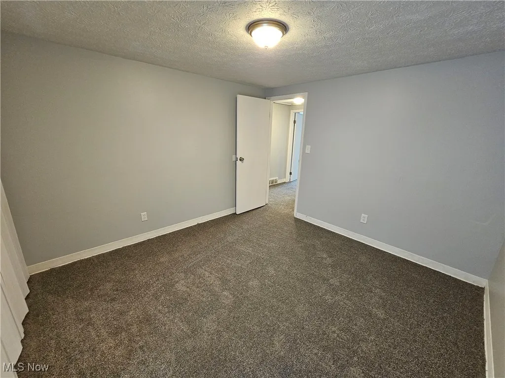 Carpeted spare room featuring a textured ceiling