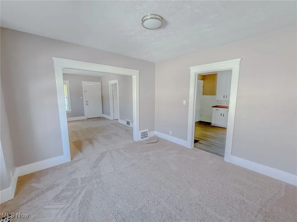 Unfurnished room featuring light carpet and a textured ceiling