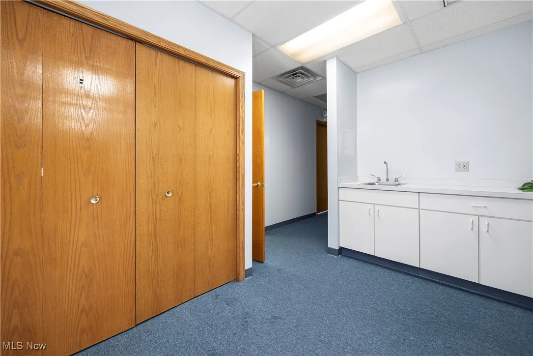Hall with a drop ceiling, carpet flooring, and sink