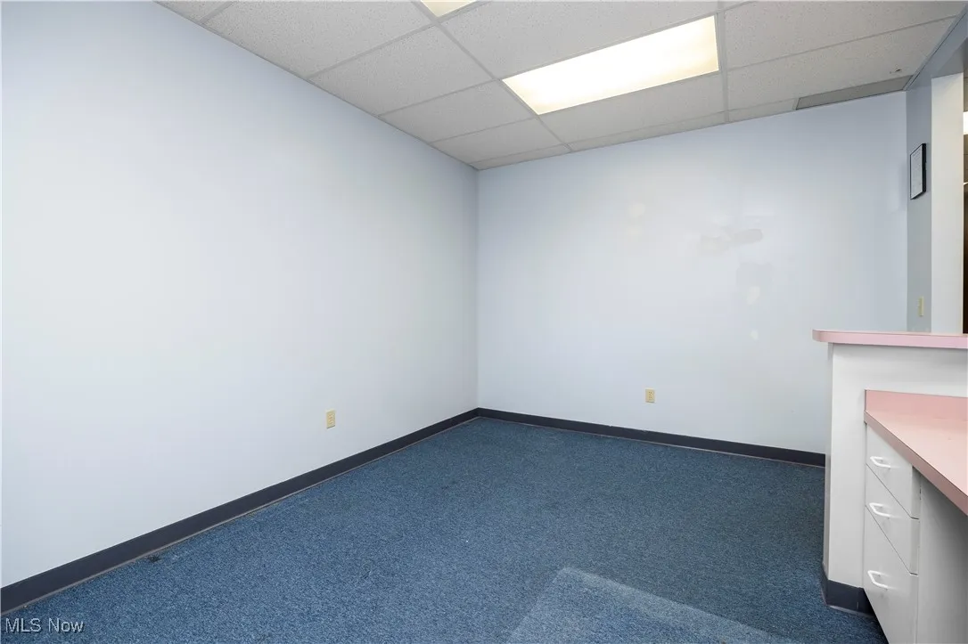 Carpeted spare room with a paneled ceiling