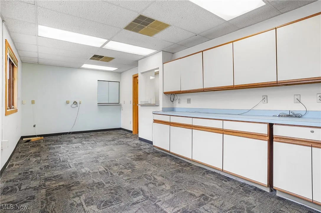 Basement featuring a drop ceiling and dark colored carpet