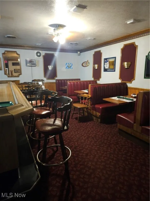 Recreation room featuring ceiling fan, a textured ceiling, ornamental molding, and carpet floors