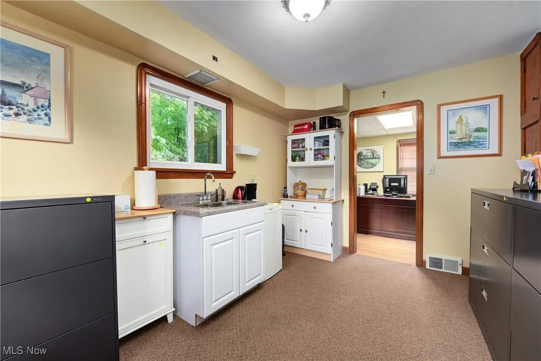 Kitchenette featuring sink, light colored carpet, and white cabinets