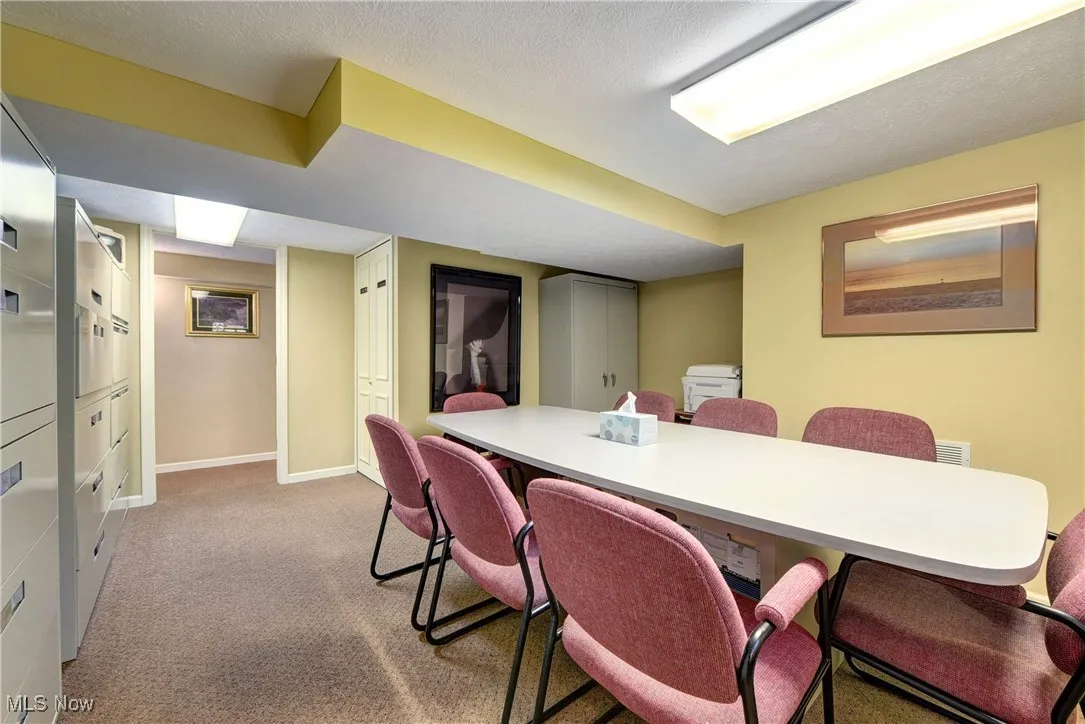 Office featuring light carpet and a textured ceiling