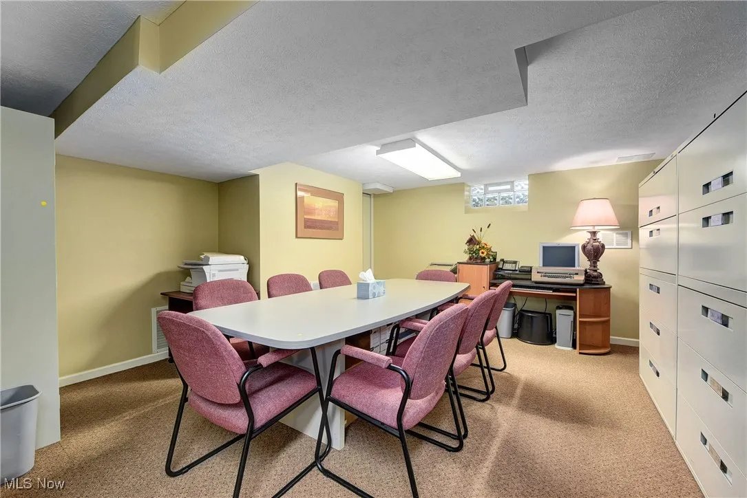 Office area down featuring light carpet and a textured ceiling