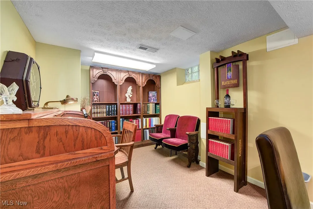 Carpeted office with a textured ceiling