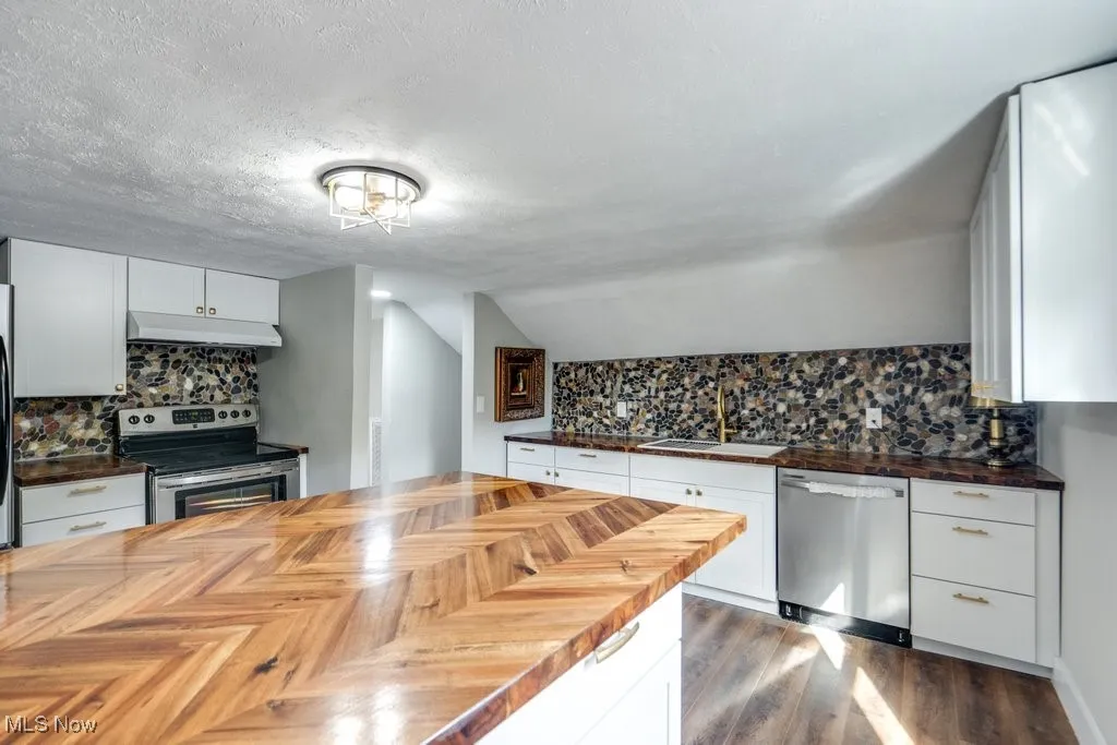 Kitchen featuring white cabinets, dark hardwood / wood-style flooring, appliances with stainless steel finishes, butcher block counters, and sink