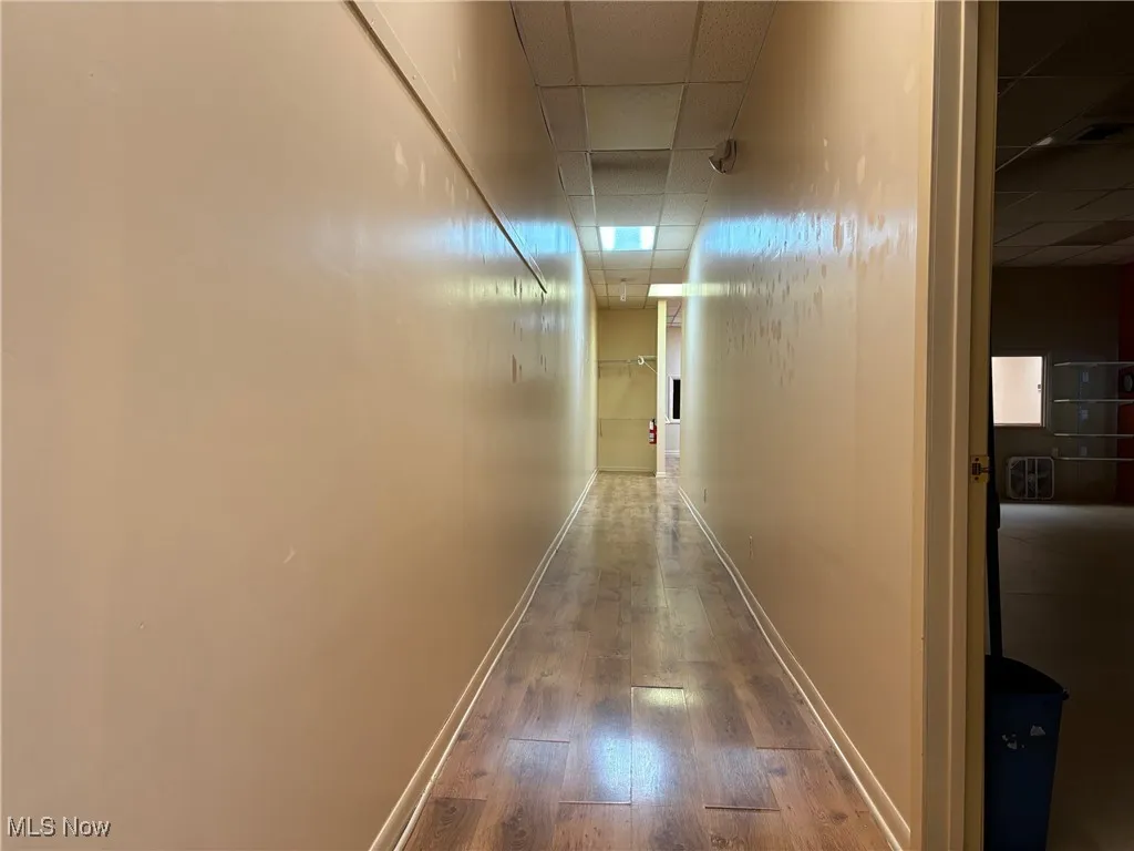 Hallway with a paneled ceiling and hardwood / wood-style floors