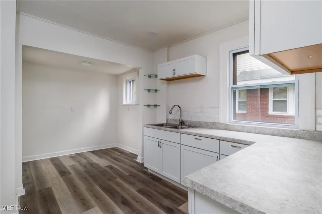 Kitchen with white cabinetry, dark wood-type flooring, sink, and ornamental molding