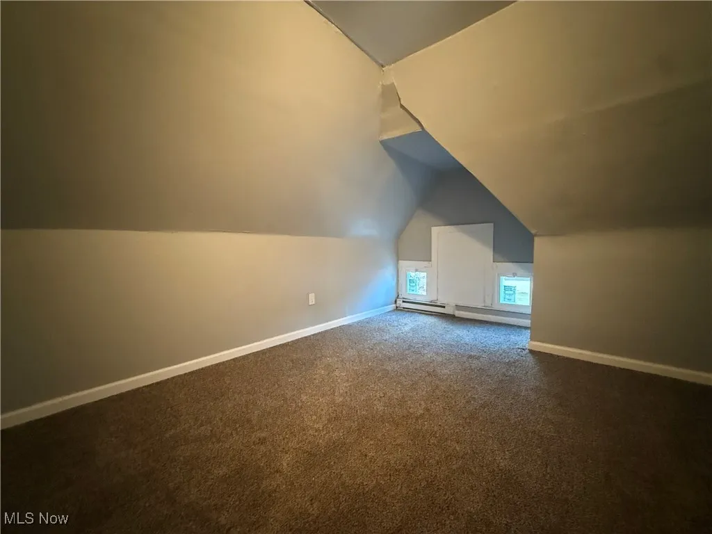 Additional living space featuring carpet floors, a baseboard heating unit, and vaulted ceiling
