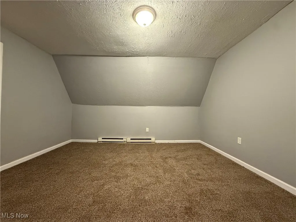 Additional living space with lofted ceiling, a textured ceiling, a baseboard radiator, and carpet floors