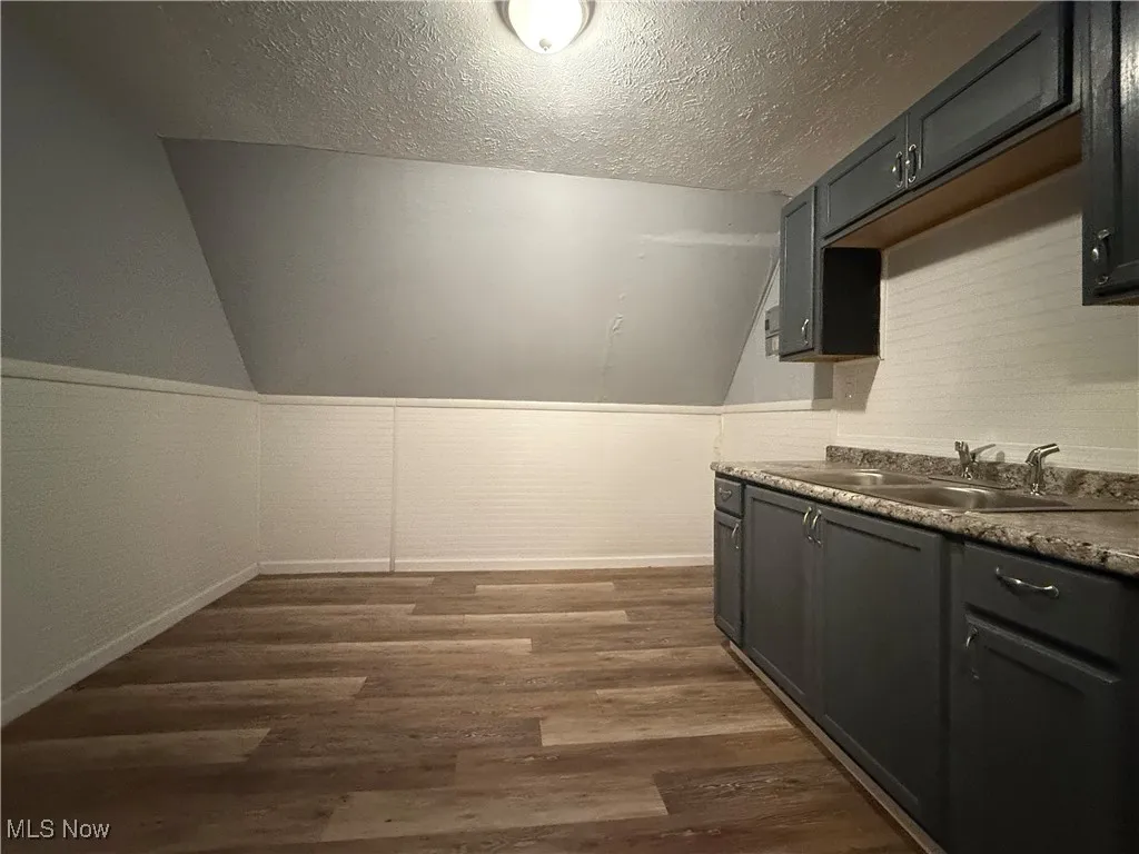 Kitchen featuring sink, a textured ceiling, lofted ceiling, and dark hardwood / wood-style flooring