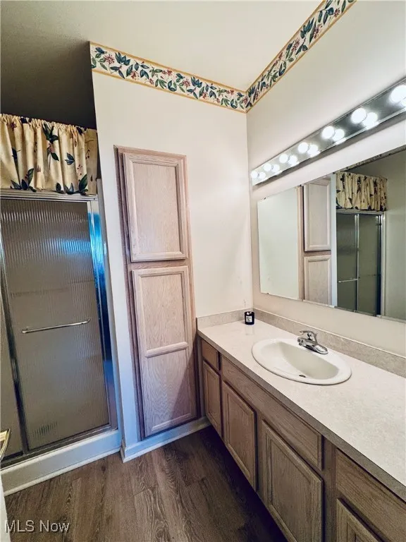 Bathroom with wood finished floors, vanity, and a shower with door