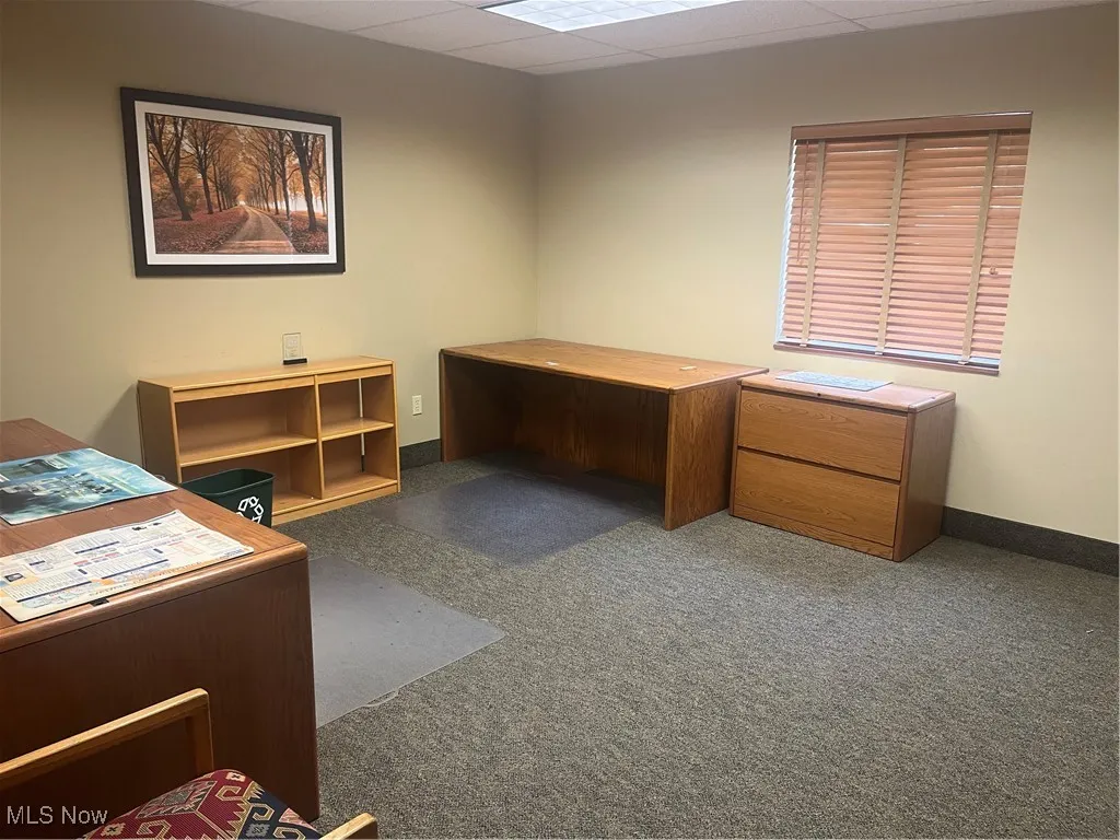 Office area featuring a drop ceiling and dark carpet