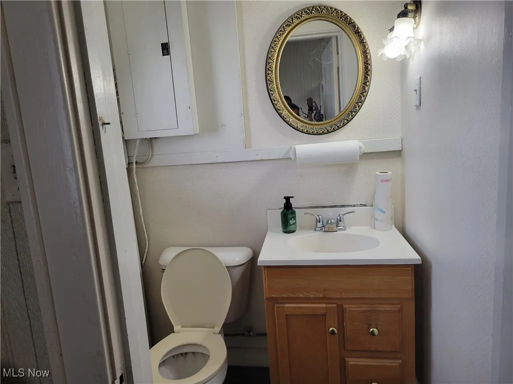 Bathroom with toilet, electric panel, and vanity