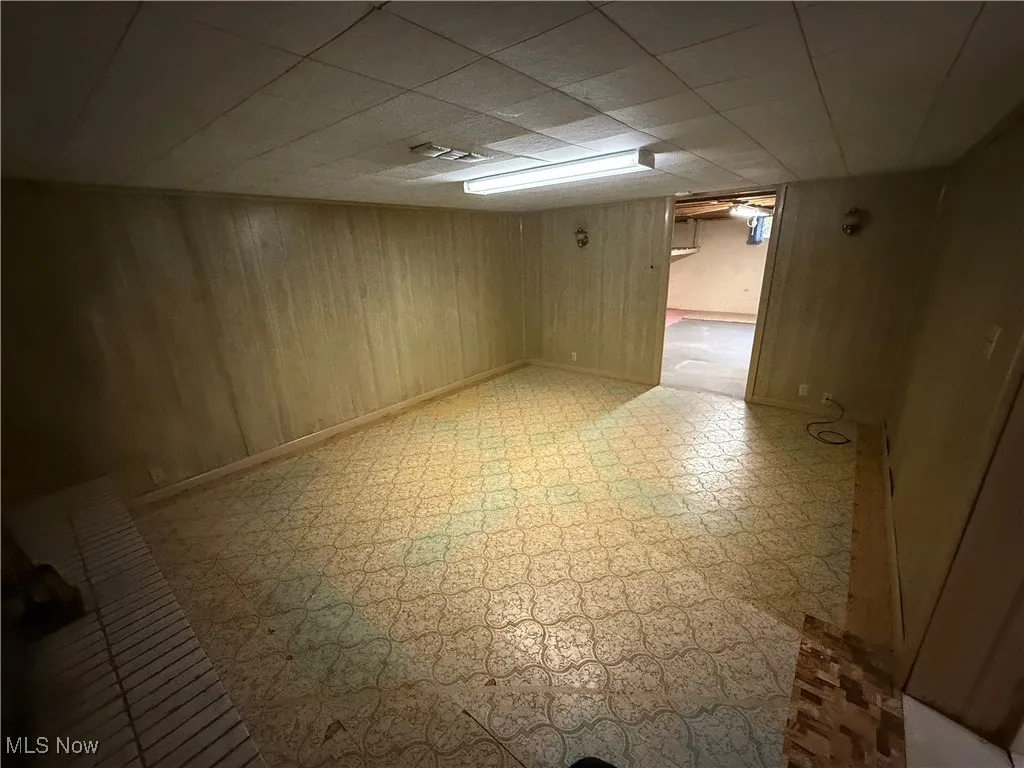Basement featuring wooden walls