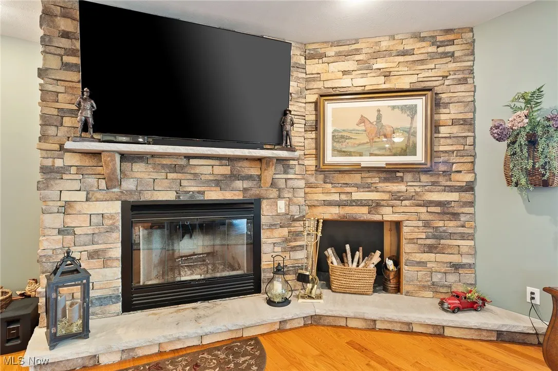 Details with a fireplace and wood-type flooring