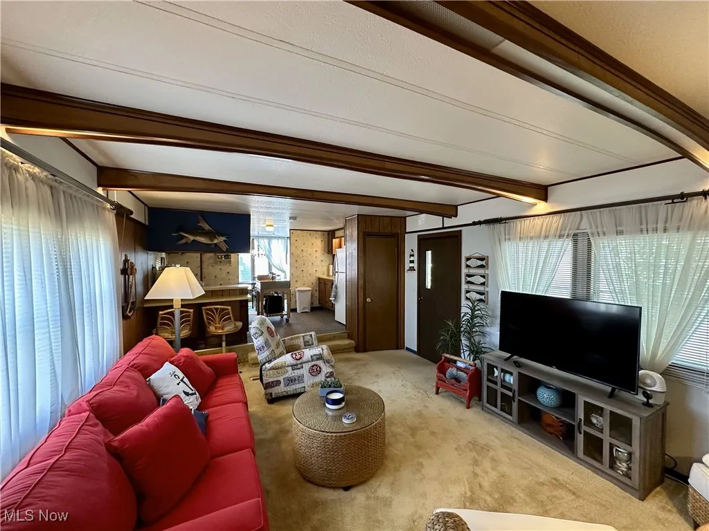 Living room featuring carpet floors and beam ceiling