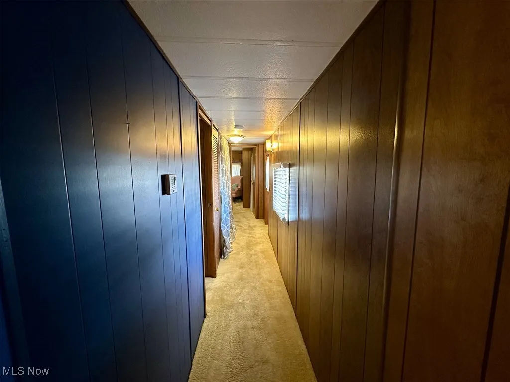 Hall with wooden walls and light carpet