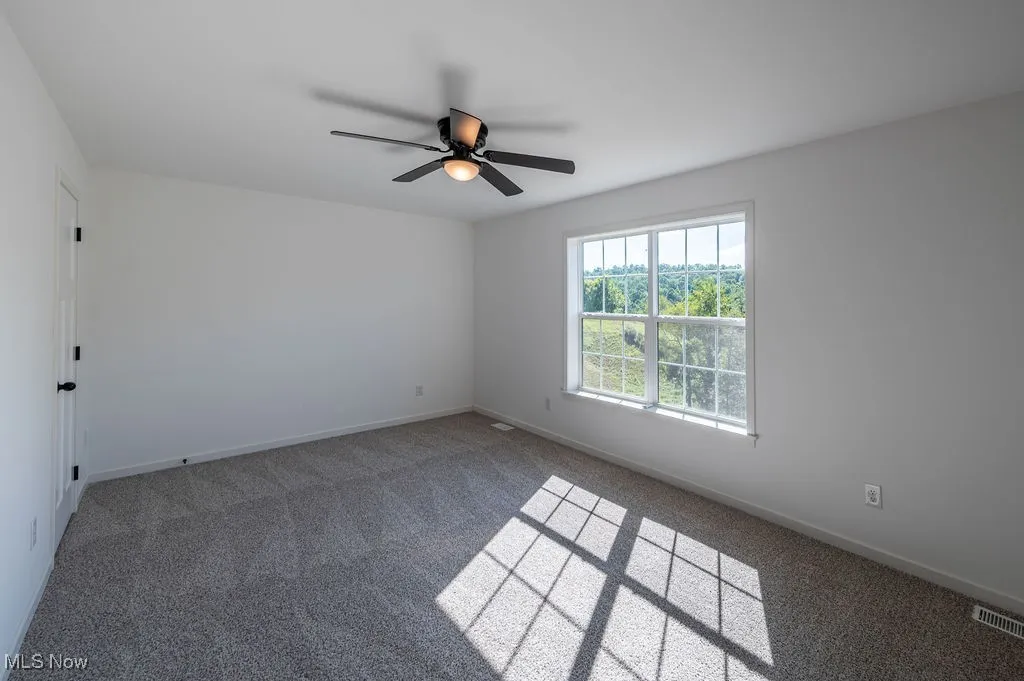 Spare room with carpet flooring and ceiling fan