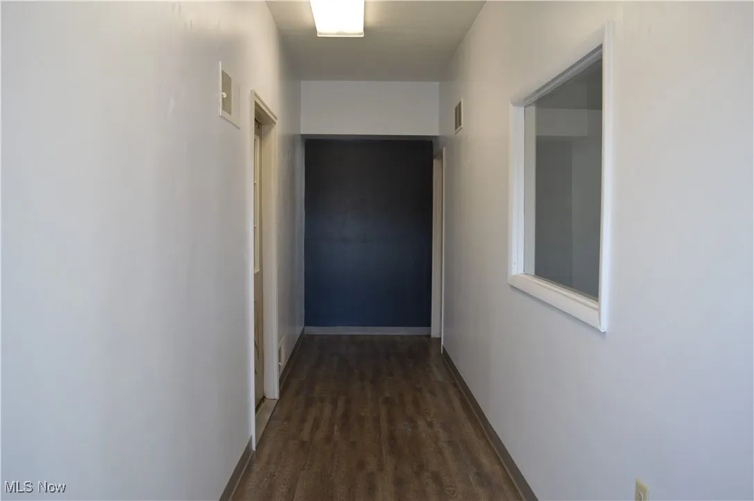 Hall featuring dark wood-style flooring