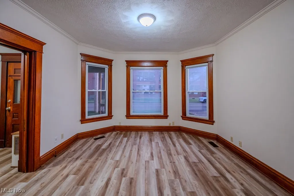 Spare room with a textured ceiling, light hardwood / wood-style flooring, and crown molding