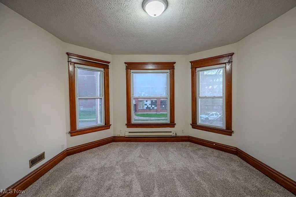 Unfurnished room featuring baseboard heating, light colored carpet, and a textured ceiling