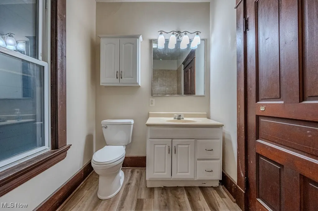 Bathroom with vanity, wood-type flooring, and toilet