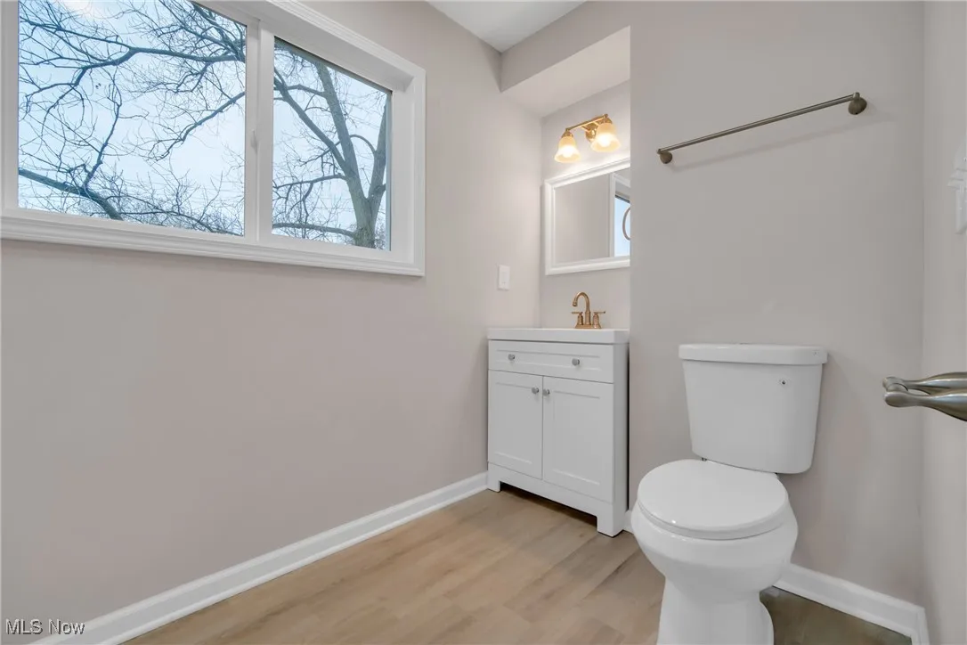 Bathroom with hardwood / wood-style floors, vanity, and toilet